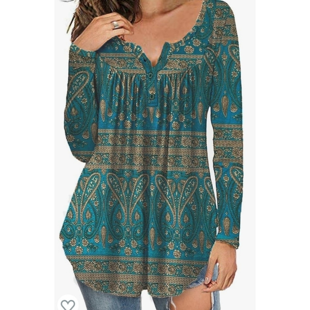 a. Jesdani Floral Printed Henley Top Blue & Tan Size M